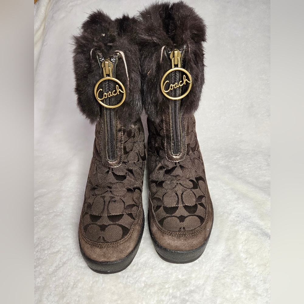 COACH brown swayed fur winter boots